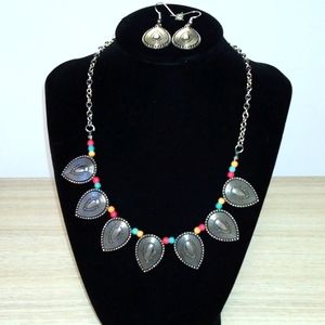 Silvertone necklace with beads and matching earrings